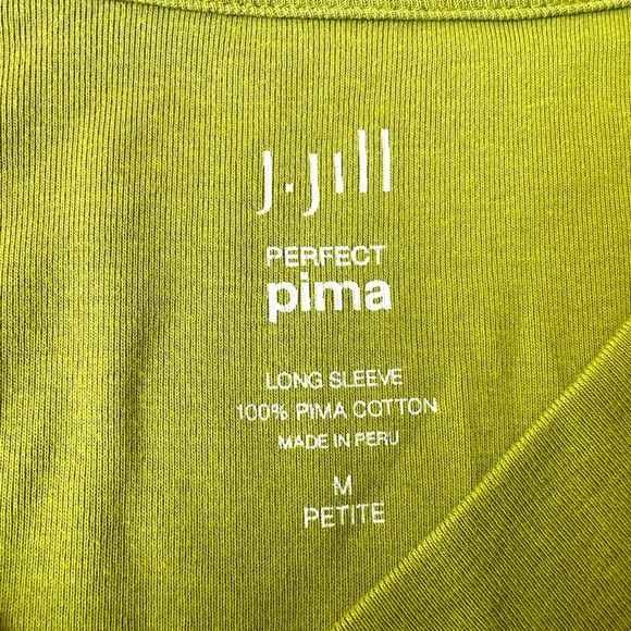 J JILL Lime Green Perfect Pima 100% Cotton Long Sleeve V Neck Top Medium Petite - Picture 3 of 5